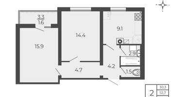 2-к. квартира, 54&nbsp;м²