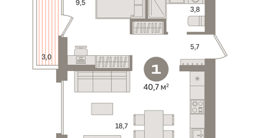 1-к. квартира, 40&nbsp;м²