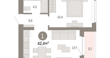 1-к. квартира, 42&nbsp;м²