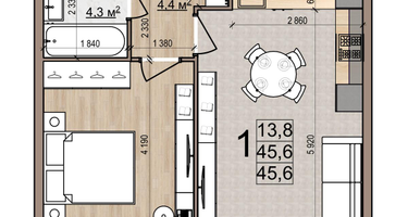 1-к. квартира, 45 м²