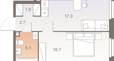 2-к. квартира, 43&nbsp;м²