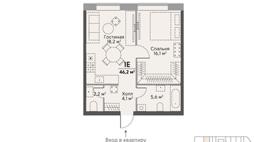 1-к. квартира, 46&nbsp;м²