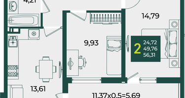 2-к. квартира, 56&nbsp;м²