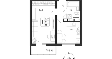 1-к. квартира, 38 м²