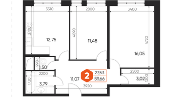 2-к. квартира, 59 м²