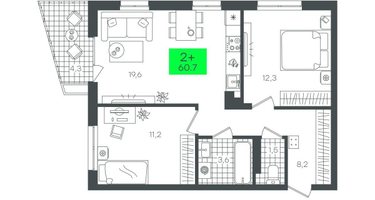 2-к. квартира, 60&nbsp;м²