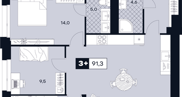 3-к. квартира, 91&nbsp;м²