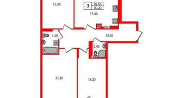 3-к. квартира, 92&nbsp;м²