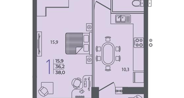 1-к. квартира, 38 м²