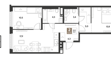 2-к. квартира, 61&nbsp;м²