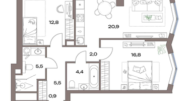 3-к. квартира, 68 м²