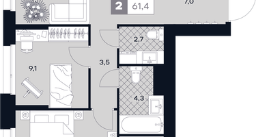 2-к. квартира, 61 м²