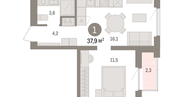 1-к. квартира, 37&nbsp;м²