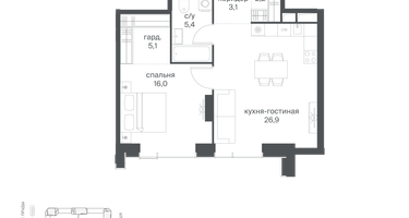 1-к. квартира, 58 м²