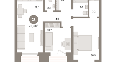 2-к. квартира, 76&nbsp;м²
