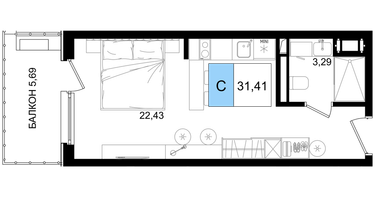 Студия, 31 м²