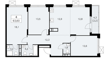4-к. квартира, 93&nbsp;м²