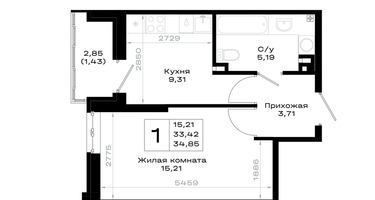 1-к. квартира, 34&nbsp;м²