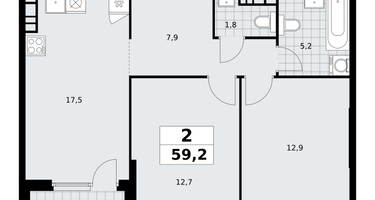 2-к. квартира, 59 м²