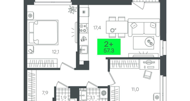 2-к. квартира, 57&nbsp;м²
