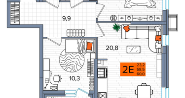 2-к. квартира, 60&nbsp;м²