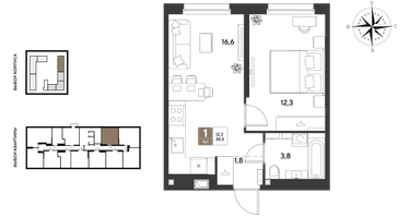 1-к. квартира, 34 м²