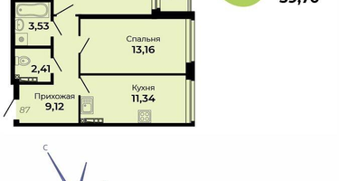 2-к. квартира, 59 м²