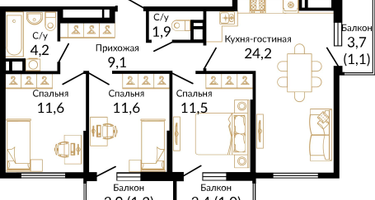 3-к. квартира, 77&nbsp;м²