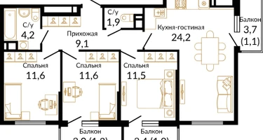 3-к. квартира, 77&nbsp;м²