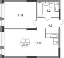 1-к. квартира, 39&nbsp;м²