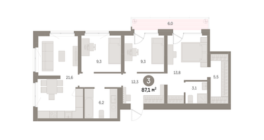 3-к. квартира, 87&nbsp;м²