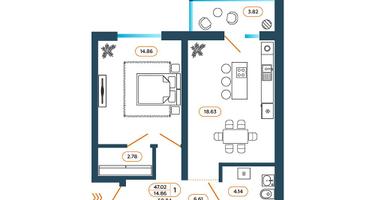 1-к. квартира, 50&nbsp;м²