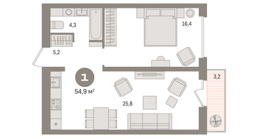 1-к. квартира, 54&nbsp;м²