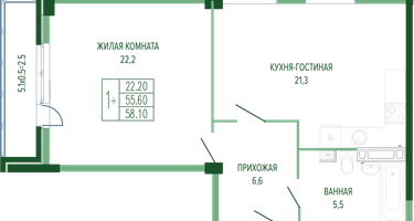 1-к. квартира, 58&nbsp;м²