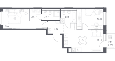 2-к. квартира, 57&nbsp;м²