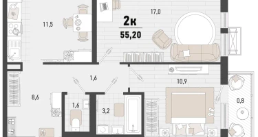 2-к. квартира, 55&nbsp;м²