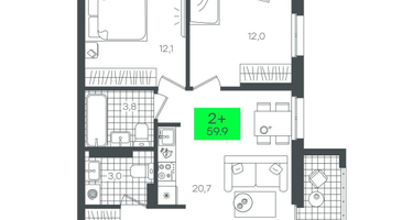 2-к. квартира, 59&nbsp;м²