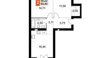 2-к. квартира, 63&nbsp;м²