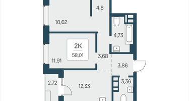 2-к. квартира, 58&nbsp;м²