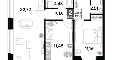 2-к. квартира, 60&nbsp;м²