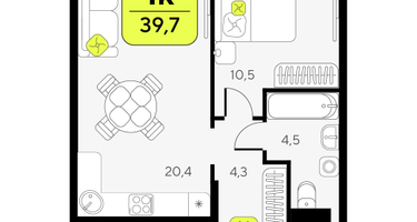 1-к. квартира, 39 м²