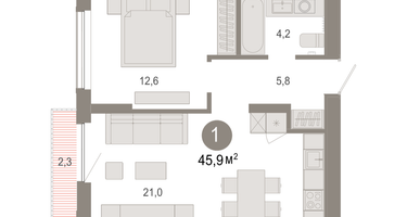1-к. квартира, 45&nbsp;м²