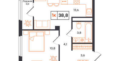 1-к. квартира, 38 м²
