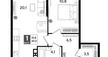 1-к. квартира, 45&nbsp;м²