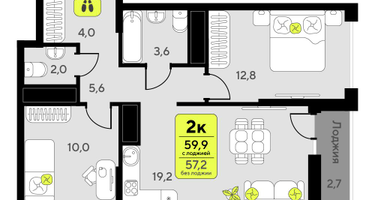 2-к. квартира, 59&nbsp;м²