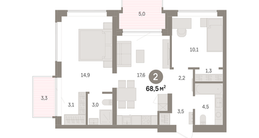 2-к. квартира, 68&nbsp;м²