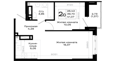 1-к. квартира, 41&nbsp;м²