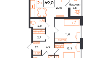 2-к. квартира, 69&nbsp;м²