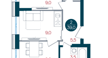 2-к. квартира, 39 м²