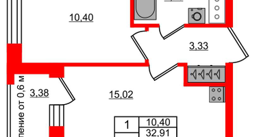 1-к. квартира, 32&nbsp;м²